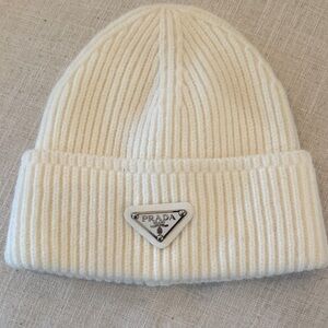 Prada Ivory Ribbed Knit Beanie
